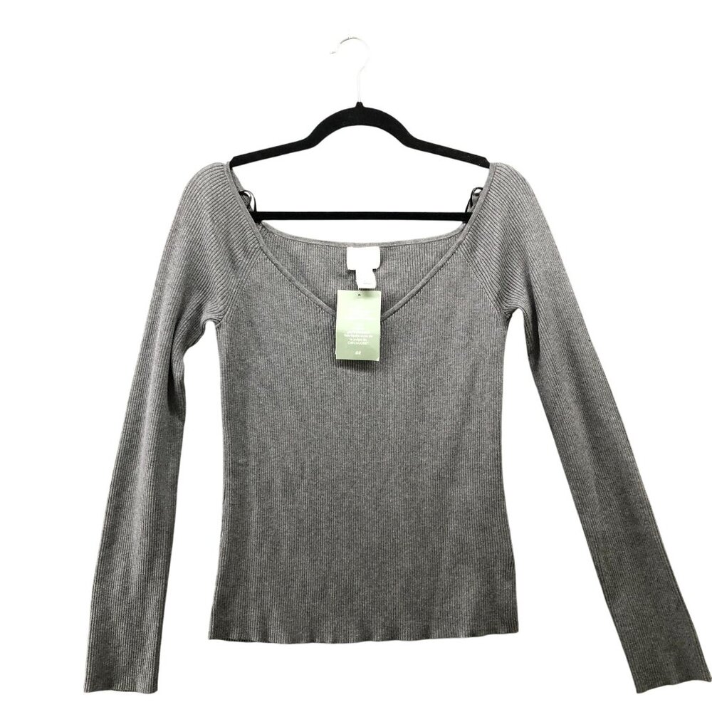 NWT H&M V-Neck Ribbed Sweater Womens XL Gray Stretch Fitted